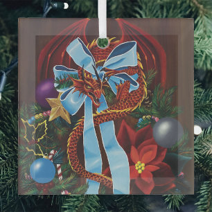 Festive Red Dragon Blue Ribbon Christmas Wreath Glass Tree Decoration