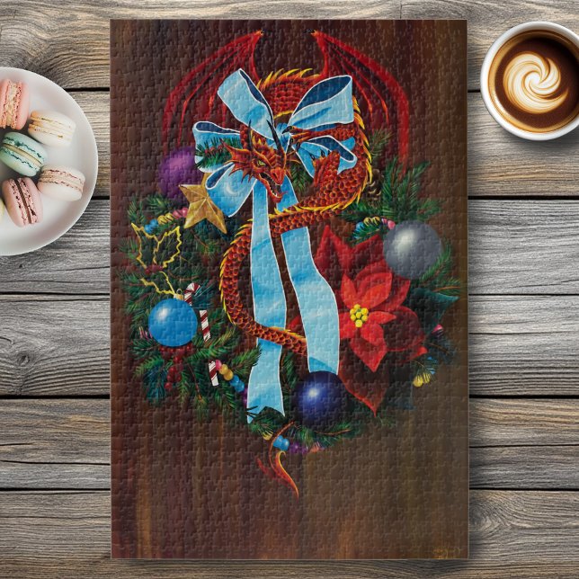 Festive Red Dragon Blue Ribbon Christmas Wreath  Jigsaw Puzzle (Creator Uploaded)