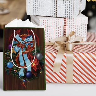 Festive Red Dragon Blue Ribbon Christmas Wreath Medium Gift Bag