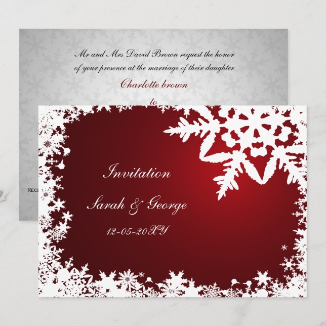 festive red elegant snowflakes winter wedding invitation (Front/Back)