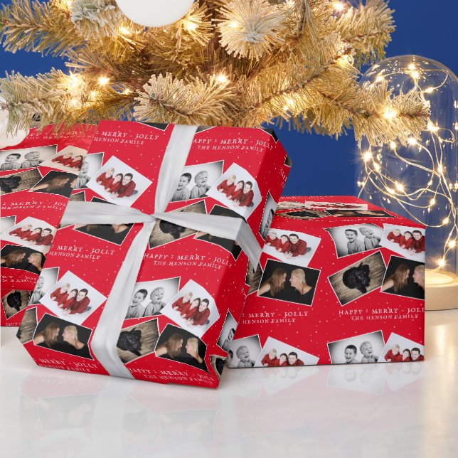 Festive Red Family Photo Christmas Collage Wrapping Paper (Holidays)