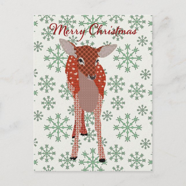 Festive Red Fawn Green Snowflake  Postcard Christm (Front)