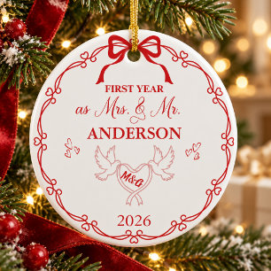 Festive Red First Year As Mrs & Mr Custom Name Ceramic Tree Decoration