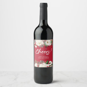 Festive Red Floral Christmas Holiday Cheers Wine Label