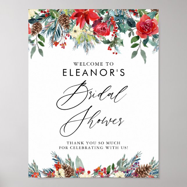 Festive Red Floral Garland Bridal Shower Welcome Poster (Front)