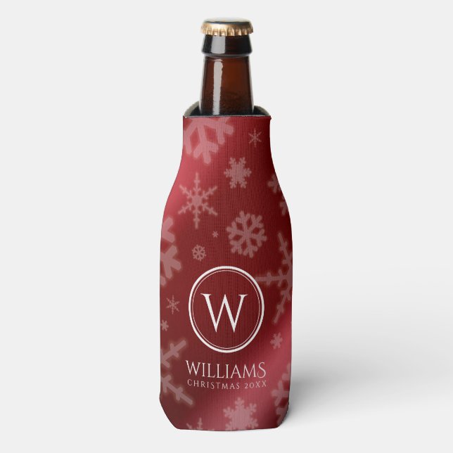 Festive Red Foil Snowflakes Monogram Name Bottle Cooler (Bottle Front)