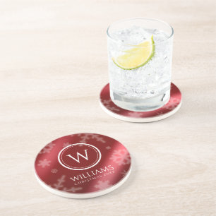 Festive Red Foil Snowflakes Monogram Name Coaster