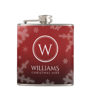 Festive Red Foil Snowflakes Monogram Name Hip Flask