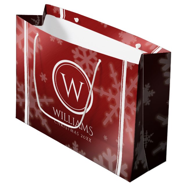 Festive Red Foil Snowflakes Monogram Name Large Gift Bag (Front Angled)