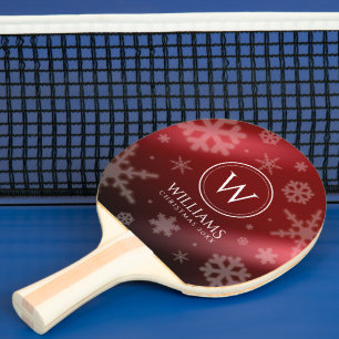 Festive Red Foil Snowflakes Monogram Name Ping Pong Paddle