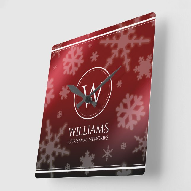 Festive Red Foil Snowflakes Monogram Name Square Wall Clock (Angle)