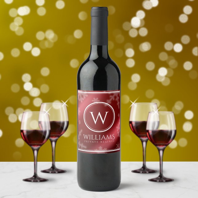 Festive Red Foil Snowflakes Monogram Name Wine Label (Creator Uploaded)