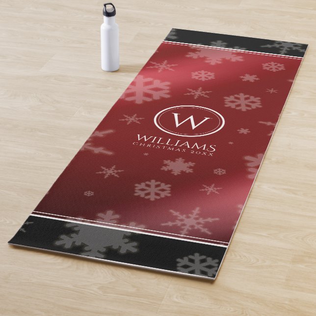 Festive Red Foil Snowflakes Monogram Name Yoga Mat (In Situ)