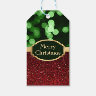 Festive Red Glitter and Green Bokeh Christmas Gift Tags