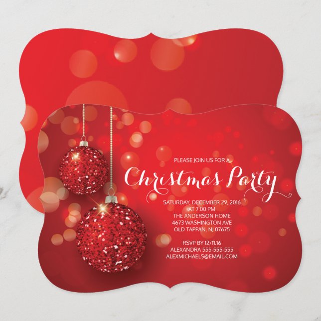 Festive Red Glitter Ornament Christmas Party Invitation (Front/Back)