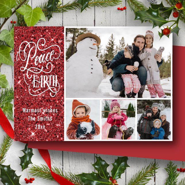 Festive Red Glitter Peace on Earth Photo Christmas Holiday Card (Creator Uploaded)