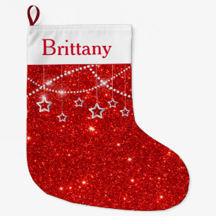 Festive Red Glitter & Stars Custom Name Large Christmas Stocking