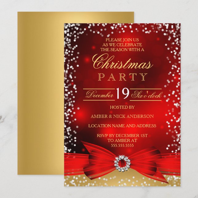 Festive Red Gold Bow Christmas Party Invitation (Front/Back)