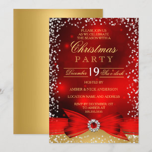 Festive Red Gold Bow Christmas Party Invitation