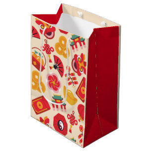 Festive Red Gold Chinese New Year Symbols Medium Gift Bag