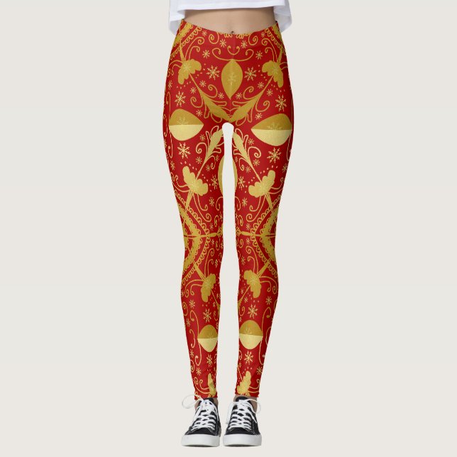 Festive Red & Gold Christmas  Leggings (Front)