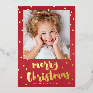 Festive Red & Gold Confetti Merry Christmas Photo Foil Holiday Card