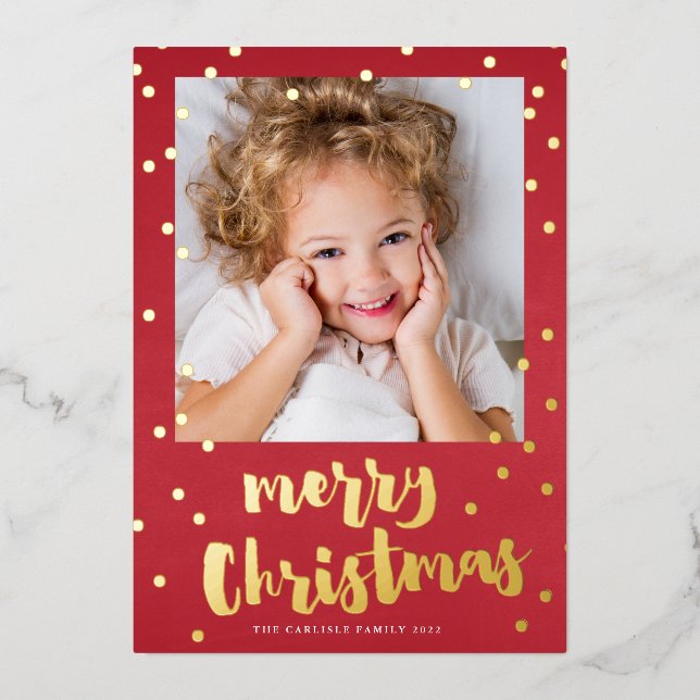 Festive Red & Gold Confetti Merry Christmas Photo Foil Holiday Card (Front)