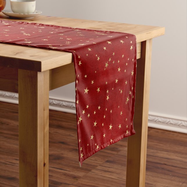 Festive Red & Gold Foil Winter Christmas Stars Short Table Runner (In Situ)