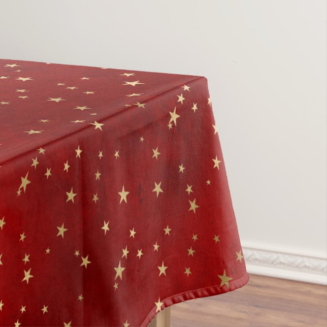 Festive Red & Gold Foil Winter Christmas Stars Tablecloth (In Situ)
