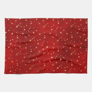 Festive Red & Gold Foil Winter Christmas Stars Tea Towel