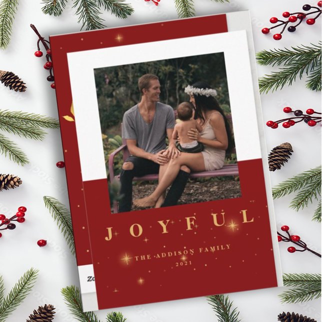 Festive Red & Gold Joyful Three Picture Christmas  Holiday Card (Creator Uploaded)