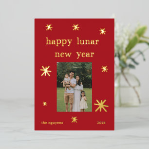 Festive Red Gold Lunar New Year Family Photo  Foil Holiday Card