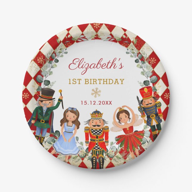 Festive Red Gold Nutcracker Birthday Holiday Party Paper Plate (Front)