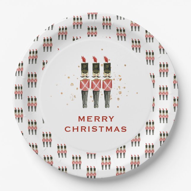 Festive Red & Gold Nutcracker Christmas Paper Plate (Front)