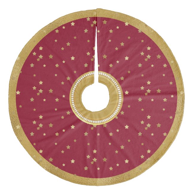 Festive Red & Gold Stars Christmas Tree Skirt (Front)