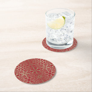 Festive Red Golden Winter Snowflakes Holiday Round Paper Coaster