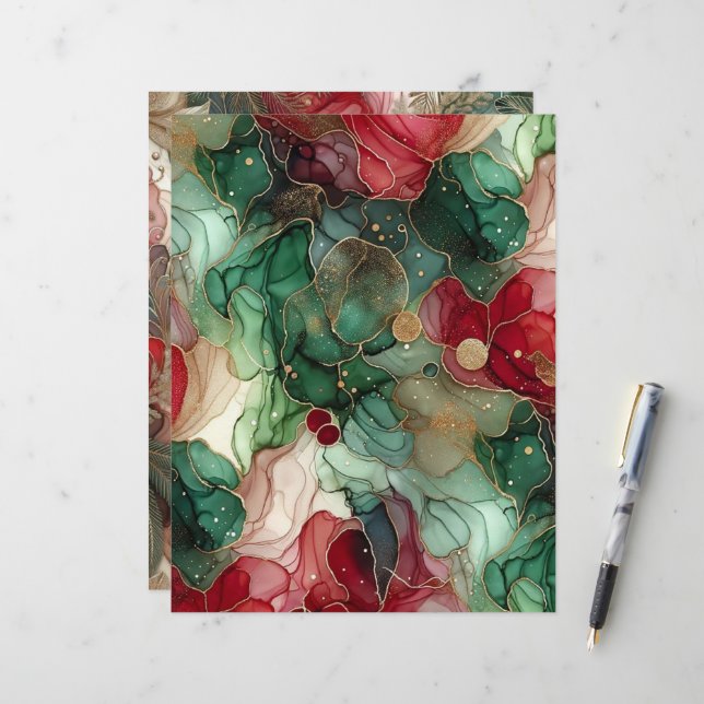 Festive Red & Green Alcohol Ink Scrapbook Paper (Front/Back In Situ)
