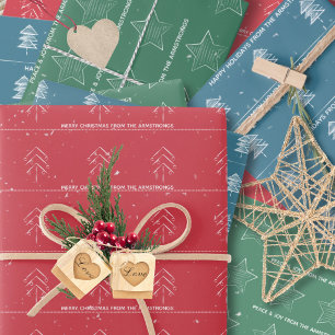 Festive Red Green Blue Trees Stars Christmas Wrapping Paper Sheet