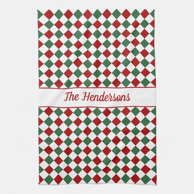 Festive Red Green Checked Christmas  Tea Towel (Vertical)