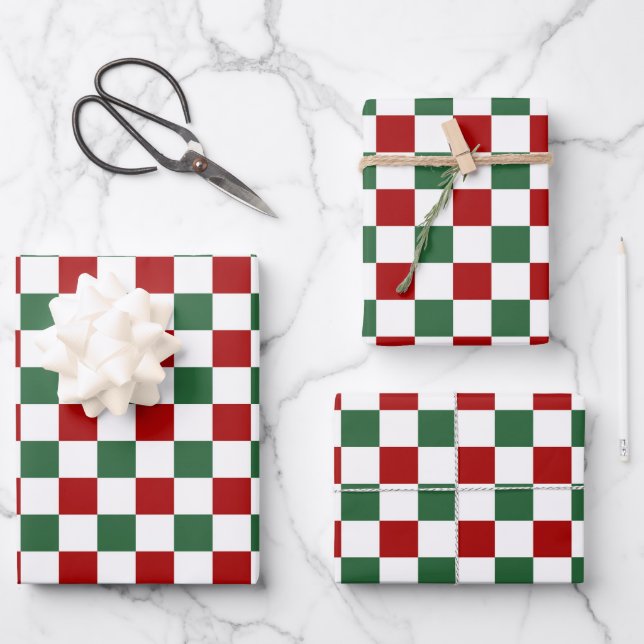Festive Red Green Checked Pattern Wrapping Paper Sheet (Front)
