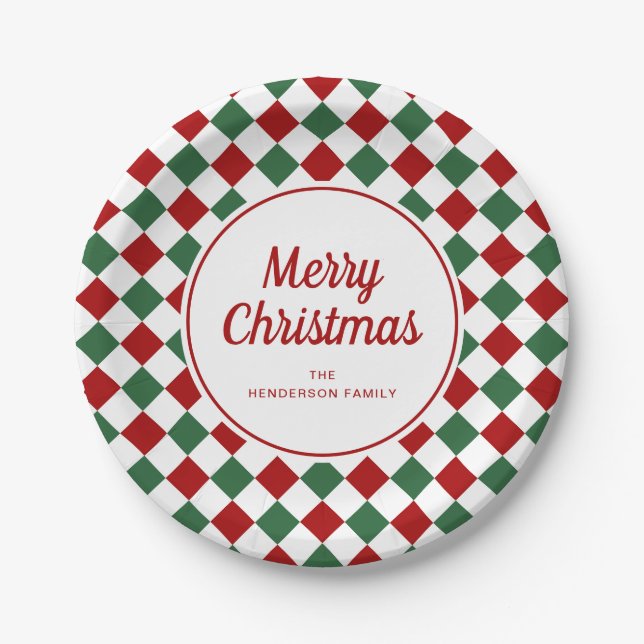 Festive Red Green Checks Merry Christmas Paper Plate (Front)