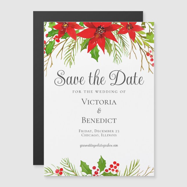 Festive Red Green Christmas Botanical Wedding Magnetic Invitation (Front/Back)