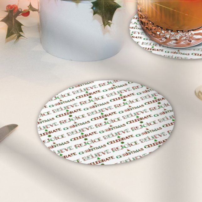 Festive Red Green Christmas Typography Round Paper Coaster (Creator Uploaded)