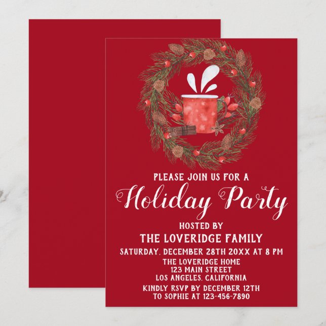 Festive Red & Green Christmas Wreath Holiday Party Invitation (Front/Back)