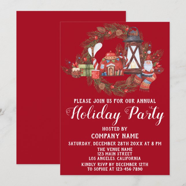 Festive Red Green Company Christmas Holiday Party Invitation (Front/Back)
