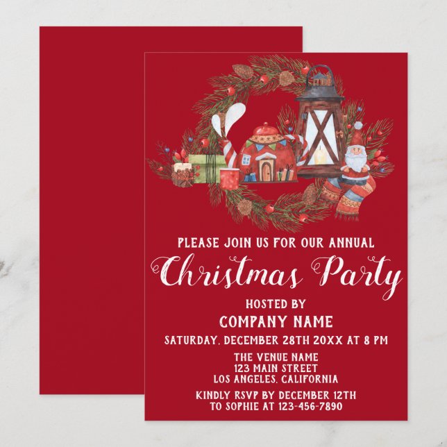 Festive Red Green Company Holiday Christmas Party Invitation (Front/Back)