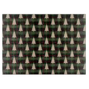 Festive Red, Green & Cream Plaid & Christmas Trees Cutting Board