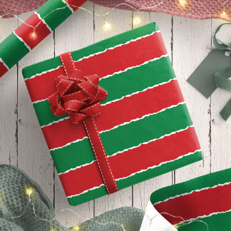 Festive Red Green Faux Torn Stripes Christmas Wrapping Paper