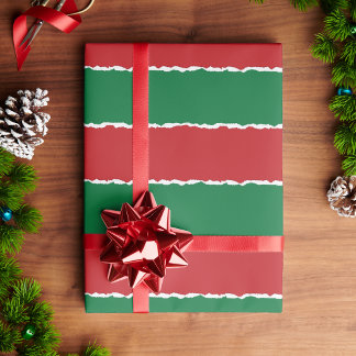 Festive Red Green Faux Torn Stripes Christmas Wrapping Paper