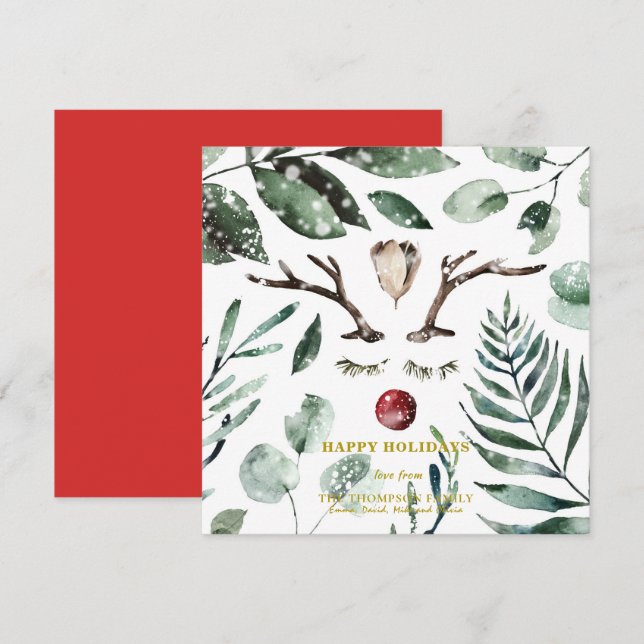 Festive Red Green Foliage Eucalyptus Magnolia  Holiday Card (Front/Back)